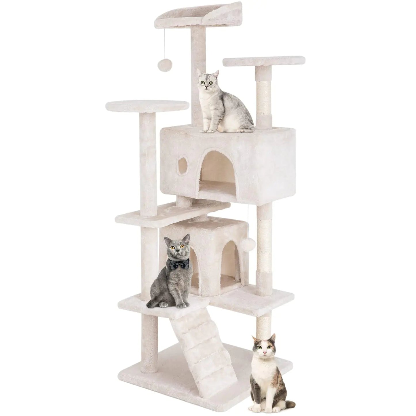 54in Cat Tower with Cat Scratching PostMulti - Level Cat Condo Stand House Furniture Kitty Activity Center with Furry Ball Toys Cat Tree for Indoor Cats (Beige) - Milo Hub 56
