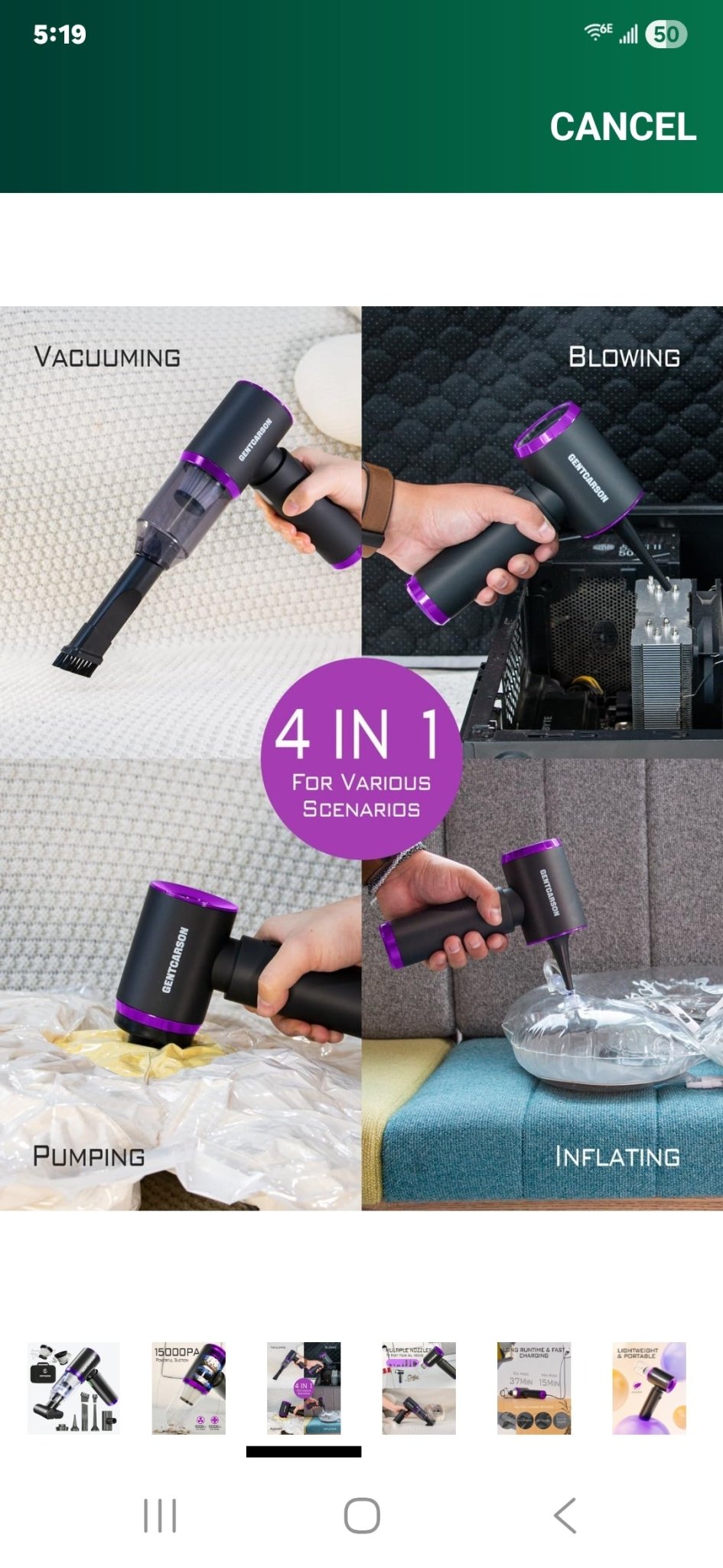 GentCarson Handheld Vacuum Cordless 15000Pa Car Vacuum Cleaner 4 in 1 Portable Mini Hand Vacuum with Dust Lamp Brushless Motor Wireless Vacuum Compressed Air - Milo Hub 56