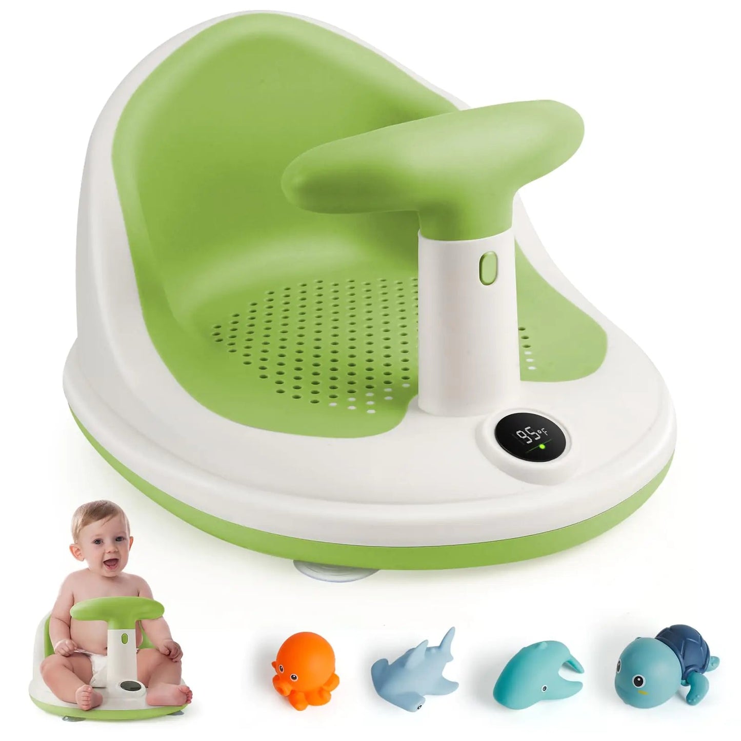 Noonkty Baby Bath Seats for Babies Sitting Up with 3 Bath Toys Infant Bath Seat for Babies 6 Months & Up with Thermometer Sit - Up Bathtub Seat for Baby with 4 Anti - Slip Suction Cups - Green - Milo Hub 56