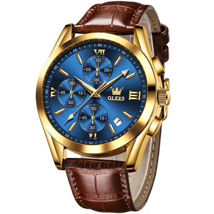 OLEVS Watch for Men Number Large Dial Brown Leather Strap Watch Multifunctional Chronograph Wrist Watch Date Luminous Waterproof Mens Watch Blue - Milo Hub 56