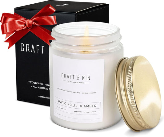 Patchouli & Amber Christmas Scented Candle | 8 Oz, 45 - Hour Long Lasting | Classic Soy with Woodwick Winter Candles | Made with Natural Soy | Holiday Candles Gifts for Men and Women(A) - Milo Hub 56